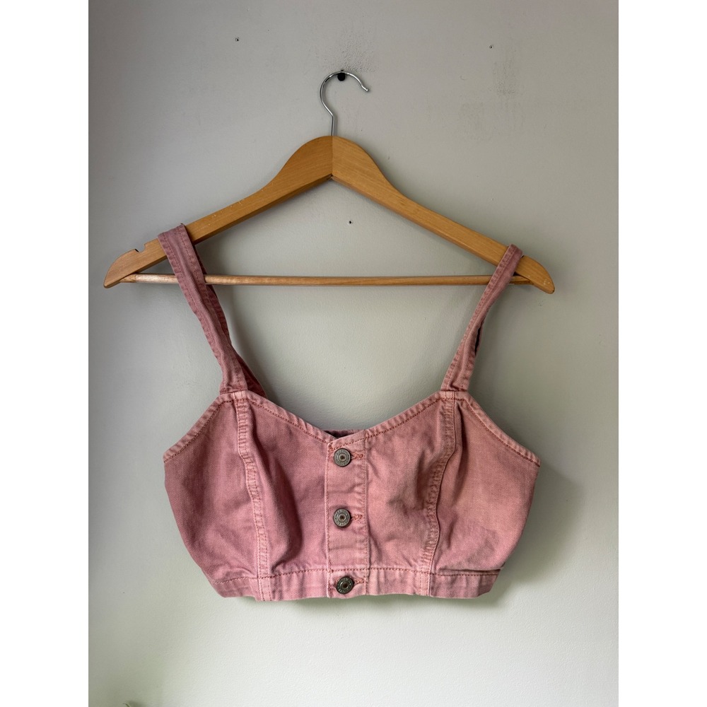 American Eagle Pink Denim Crop Top Button Front Bralette Size 2 concert fair